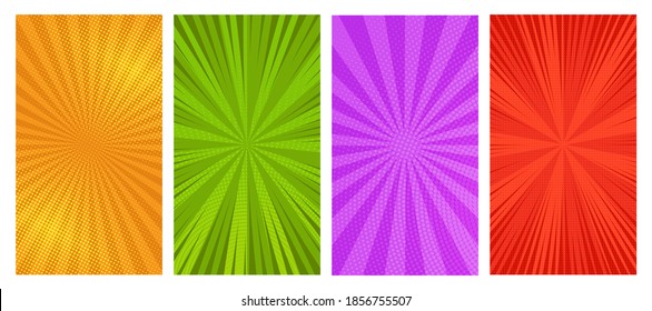 Set of four comic book pages backgrounds in pop art style with empty space. Template with rays, dots and halftone effect texture. Vector illustration