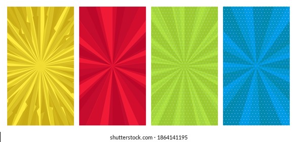 Set of four comic book pages backgrounds in pop art style with empty space. Template with rays, dots and halftone effect texture. Vector illustration