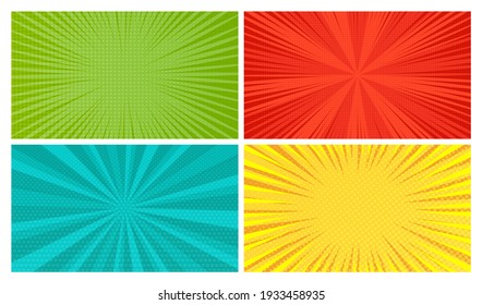 Set of four comic book pages backgrounds in pop art style with empty space. Template with rays, dots and halftone effect texture. Vector illustration