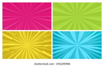 Set of four comic book pages backgrounds in pop art style with empty space. Template with rays, dots and halftone effect texture. Vector illustration