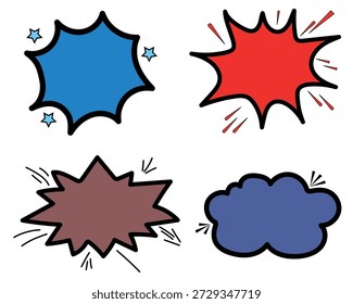A set of four comic book style explosion sound effect graphics in different colors