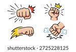 Set of four comic style fist punch vector illustrations. Powerful hand hitting with motion lines, impact effects, and speed elements. Cartoon isolated icons for stickers, badges, and logos.