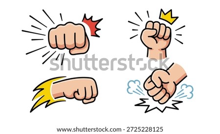 Set of four comic style fist punch vector illustrations. Powerful hand hitting with motion lines, impact effects, and speed elements. Cartoon isolated icons for stickers, badges, and logos.