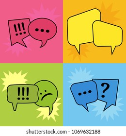 Set of four communication speech bubbles on colorful backgrounds. Vector illustration