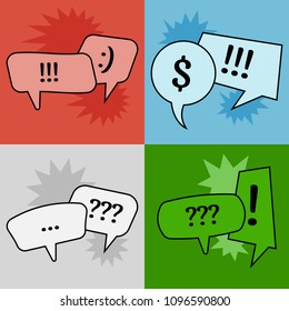 Set of four communication speech bubbles on colorful backgrounds. Vector illustration
