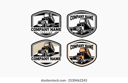 Un conjunto de cuatro logotipos de la empresa con camiones volquetes dentro de diseños de escudos, con diferentes esquemas de color.