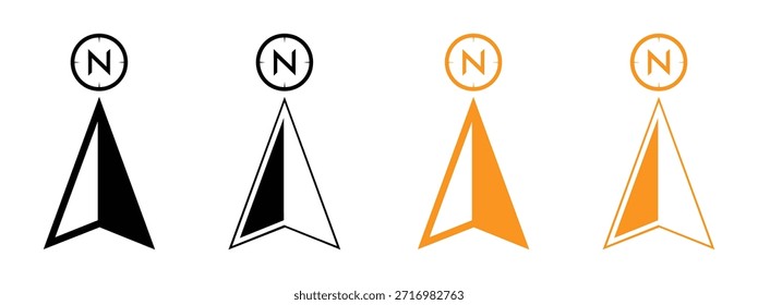 Conjunto de cuatro símbolos de navegación de brújula en negro y naranja. Diseño del logotipo del icono de la brújula. signo y símbolo del icono de la brújula de la flecha. Icono de la brújula de la flecha. icono de dirección norte. símbolo de flecha norte.