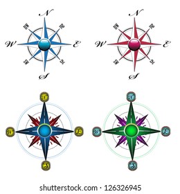 Set with four compasses isolated on a white background