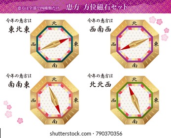 A set of four compasses pointing to fortune directions, vector illustrations for Japanese“Setsubun”, the end of winter festival. (Text translation: “There are only four fortune directions”, and so on.