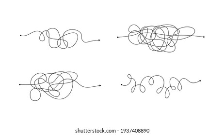 Set of four complex wrong way with messy lines. Black lines with a starting point and an arrow at the end isolated on white background. Vector illustration