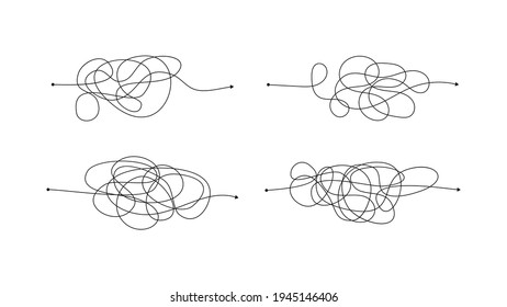 Set of four complex wrong way with messy lines. Black lines with a starting point and an arrow at the end isolated on white background. Vector illustration
