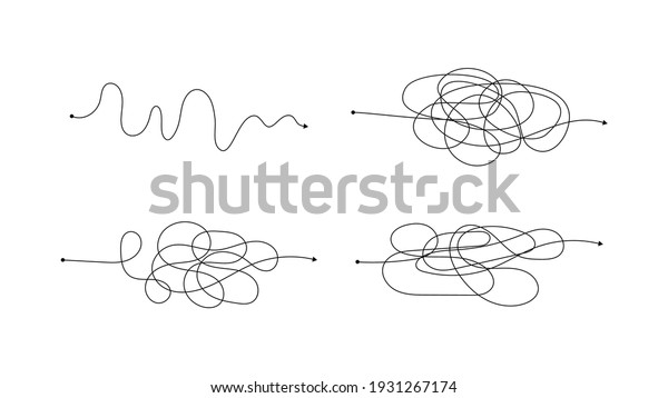Set of four complex wrong\
way with messy lines. Black lines with a starting point and an\
arrow at the end isolated on white background. Vector\
illustration
