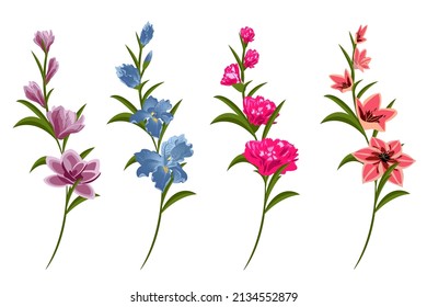 Set of four composition with different flowers, branch, leaves. Warm gentle colors. Vector illustration