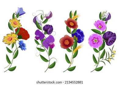 Set of four composition with different flowers, branch leaves. Warm bright colors. Vector illustration