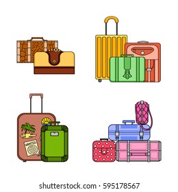 Set of four compositions of colored suitcases