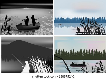 set of four compositions with fisherman silhouettes