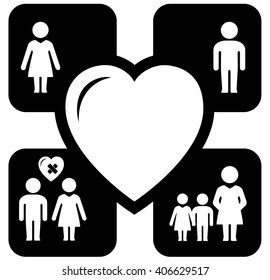 set four concept icons with big heart - family help symbol