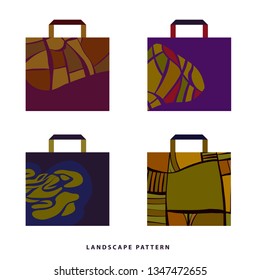 Set four concept image mockup shopping eco bag with abstract background. Template illustration with hand drawn sketch tracery design pattern