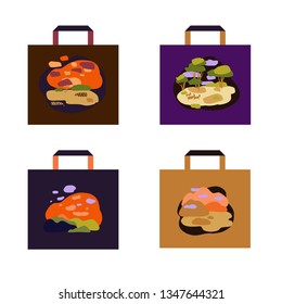 Set four concept image mockup shopping eco bag with abstract background. Template illustration with hand drawn sketch tracery design pattern