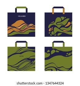 Set four concept image mockup shopping eco bag with abstract background. Template illustration with hand drawn sketch tracery design pattern