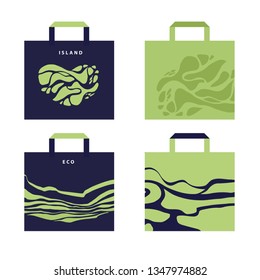 Set four concept image mockup shopping eco bag with abstract background. Template illustration with hand drawn sketch tracery design pattern