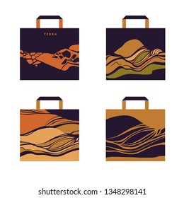 Set four concept image mockup shopping eco bag with abstract background. Template illustration with hand drawn sketch tracery design pattern