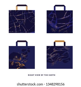 Set four concept image mockup shopping eco bag with abstract background. Template illustration with hand drawn sketch tracery design pattern