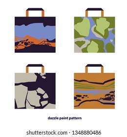 Set four concept image mockup shopping eco bag with abstract background. Template illustration with hand drawn sketch tracery design pattern