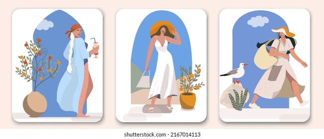 Set of four conceptual vector illustrations with girls, women on vacation with arches, old streets, cities, holiday mood, summer time, sea air.