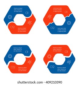 Set of four connected hexagonal infographic diagram. Circular charts with 2 options. Paper progress steps for tutorial with 2 parts. Isolated business concept sequence banners. EPS10 workflow layouts.
