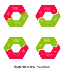 Set of four connected hexagonal infographic diagram. Circular charts with 2 options. Paper progress steps for tutorial with 2 parts. Isolated business concept sequence banners. EPS10 workflow layouts.