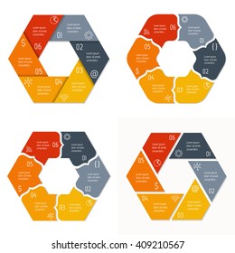 Set of four connected hexagonal infographic diagram. Circular charts with 6 options. Paper progress steps for tutorial with 6 parts. Isolated business concept sequence banners. EPS10 workflow layouts.