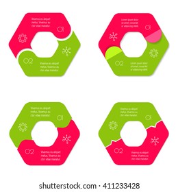 Set of four connected hexagonal infographic diagram. Circular charts with 2 options. Paper progress steps for tutorial with 2 parts. Isolated business concept sequence banners. EPS10 workflow layouts.