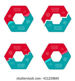 Set of four connected hexagonal infographic diagram. Circular charts with 2 options. Paper progress steps for tutorial with 2 parts. Isolated business concept sequence banners. EPS10 workflow layouts.