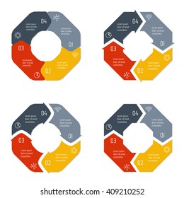 Set of four connected polygonal infographic diagram. Circular charts with 4 options. Paper progress steps for tutorial with 4 parts. Isolated business concept sequence banners. EPS10 workflow layouts.