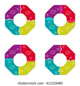 Set of four connected polygonal infographic diagram. Circular charts with 4 options. Paper progress steps for tutorial with 4 parts. Isolated business concept sequence banners. EPS10 workflow layouts.