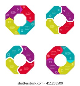 Set of four connected polygonal infographic diagram. Circular charts with 4 options. Paper progress steps for tutorial with 4 parts. Isolated business concept sequence banners. EPS10 workflow layouts.