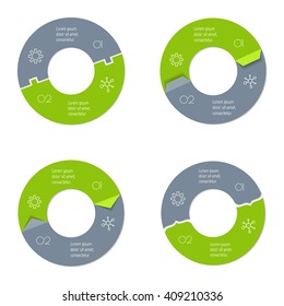 Set of four connected round infographic diagram. Circular charts with 2 options. Paper progress steps for tutorial with two parts. Isolated business concept sequence banners. EPS10 workflow layouts.