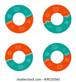 Set of four connected round infographic diagram. Circular charts with 2 options. Paper progress steps for tutorial with two parts. Isolated business concept sequence banners. EPS10 workflow layouts.