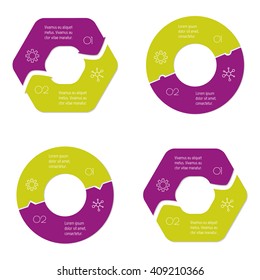 Set of four connected round infographic diagram. Circular charts with 2 options. Paper progress steps for tutorial with two parts. Isolated business concept sequence banners. EPS10 workflow layouts.