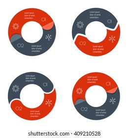 Set of four connected round infographic diagram. Circular charts with 2 options. Paper progress steps for tutorial with two parts. Isolated business concept sequence banners. EPS10 workflow layouts.