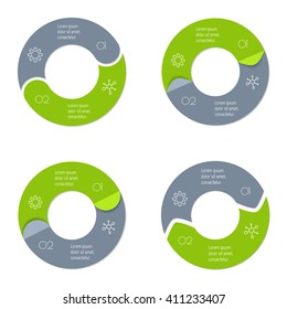 Set of four connected round infographic diagram. Circular charts with 2 options. Paper progress steps for tutorial with two parts. Isolated business concept sequence banners. EPS10 workflow layouts.