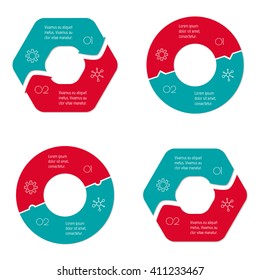 Set of four connected round infographic diagram. Circular charts with 2 options. Paper progress steps for tutorial with two parts. Isolated business concept sequence banners. EPS10 workflow layouts.