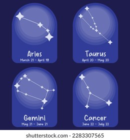Set of four constellations. Zodiacal circle. Black hand drawn stars on white background. Starry sky. Horoscope, predictions and prophecies. Abstract Vector illustration.