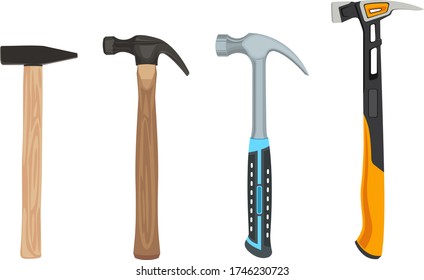a set of four construction hammers of different times. hammers in a flat design. device for driving nails with a wooden and plastic handle