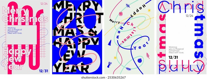 Set of four contemporary Christmas and New Year posters with vibrant typography and playful abstract elements.