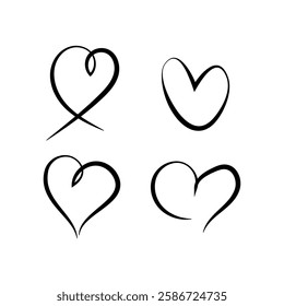 Set of four continuous line black hearts, symbolizing love and romance, isolated on a white background. Vector illustration