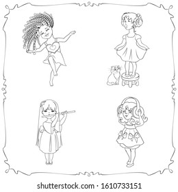 A set of four contour drawings for coloring. Little girls sing, dance, play and listen to music. Vector illustration. Cartoon character