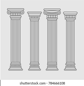 Set of four contour rome and greece antique columns and pilars. Vector contour illustration, isolated, flat style.
