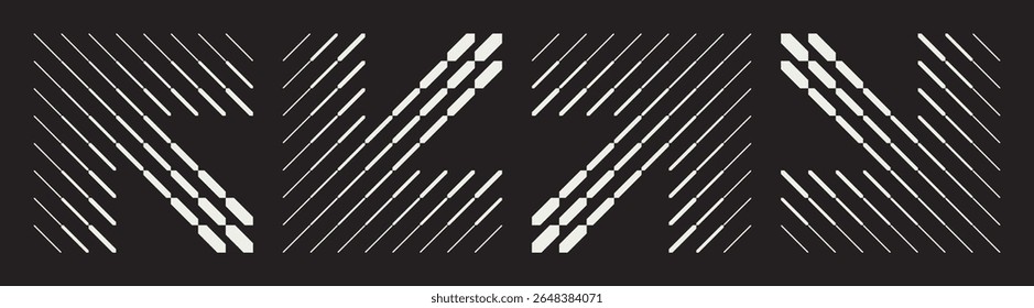 Set of four contrast abstract patterns in arrows shape. Dynamic diagonal lines and geometric shapes. Blend effect creating optical illusions and visual movement on a black background